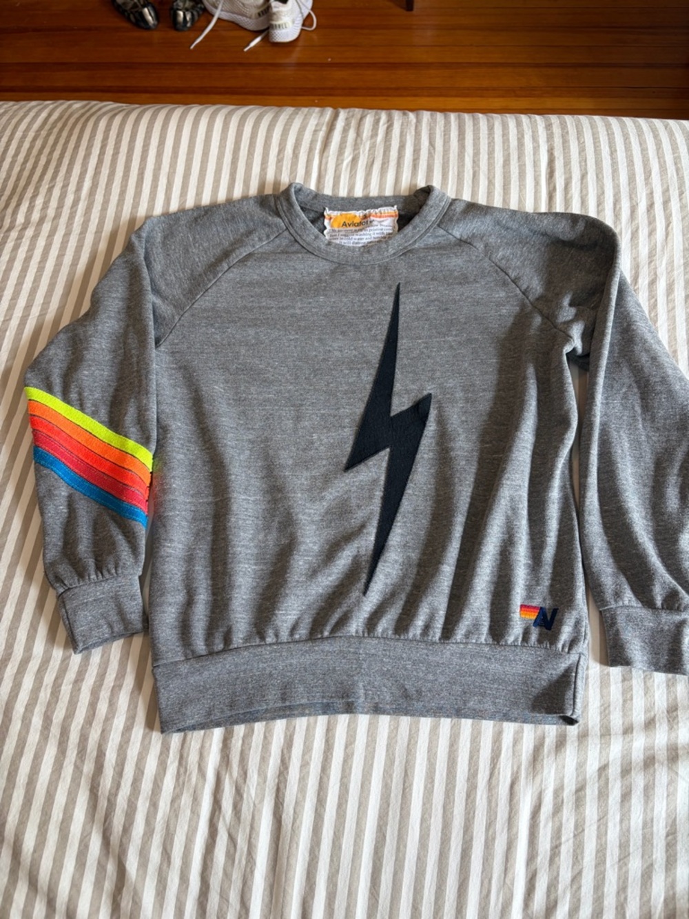 Aviator Nation Gray Crewneck with Black Lightning Bolt & Rainbow Sleeve